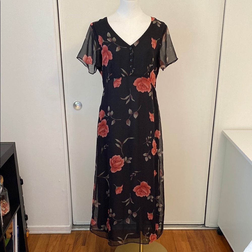 Vintage 90's Kathie Lee Black Rose Print Midi Dress Size 8 - Picture 2 of 12